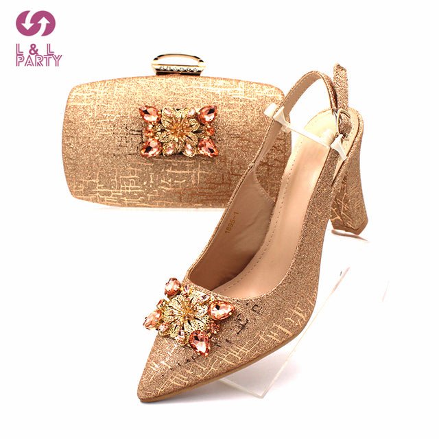 L&L PARTY Italian Crystal Design Pointed Toe Slingback High Square Heel Shoes with Matching Bag - My She Shop