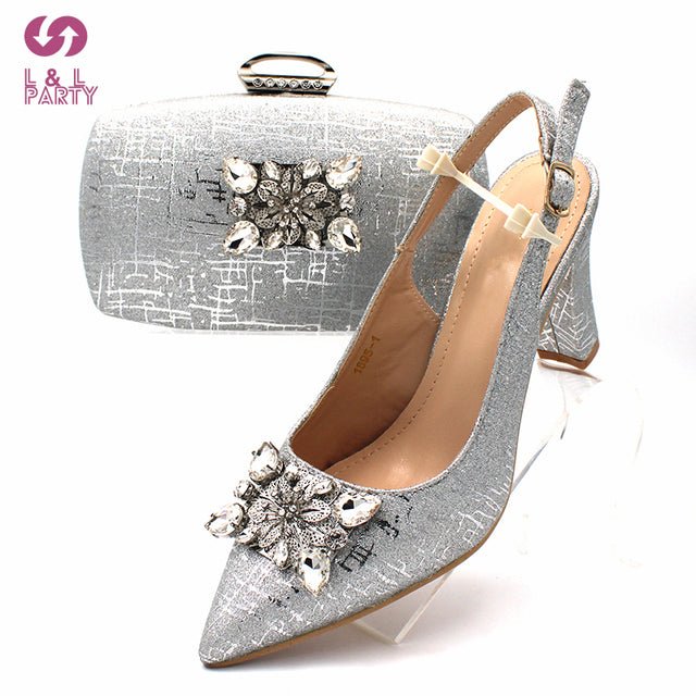 L&L PARTY Italian Crystal Design Pointed Toe Slingback High Square Heel Shoes with Matching Bag - My She Shop