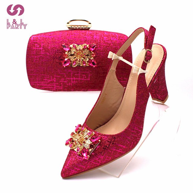 L&L PARTY Italian Crystal Design Pointed Toe Slingback High Square Heel Shoes with Matching Bag - My She Shop