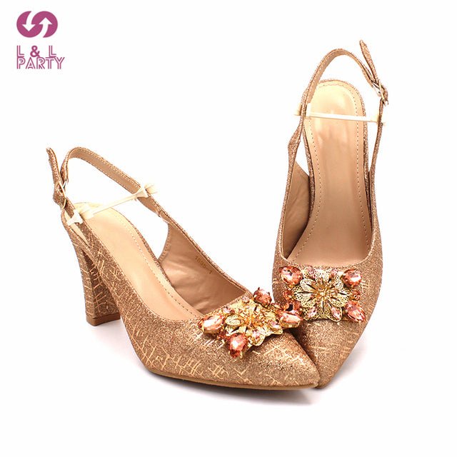 L&L PARTY Italian Crystal Design Pointed Toe Slingback High Square Heel Shoes with Matching Bag - My She Shop