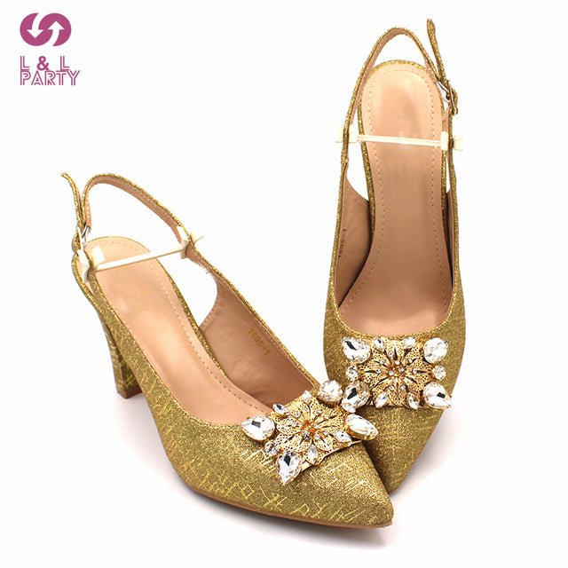 L&L PARTY Italian Crystal Design Pointed Toe Slingback High Square Heel Shoes with Matching Bag - My She Shop