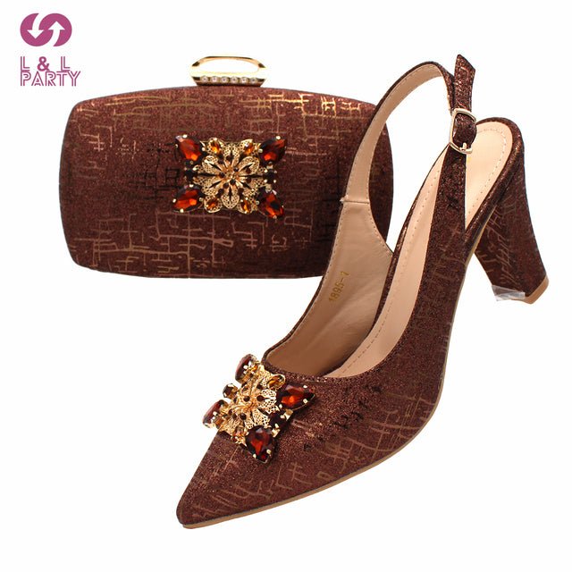 L&L PARTY Italian Crystal Design Pointed Toe Slingback High Square Heel Shoes with Matching Bag - My She Shop