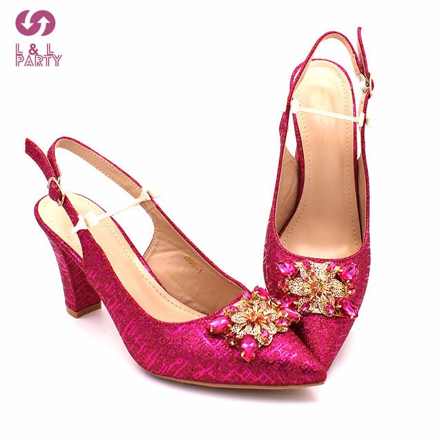 L&L PARTY Italian Crystal Design Pointed Toe Slingback High Square Heel Shoes with Matching Bag - My She Shop