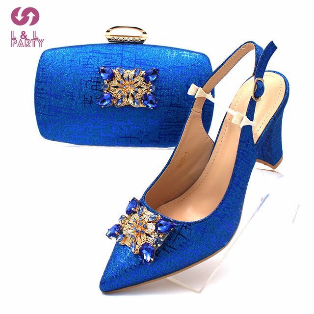 L&L PARTY Italian Crystal Design Pointed Toe Slingback High Square Heel Shoes with Matching Bag - My She Shop