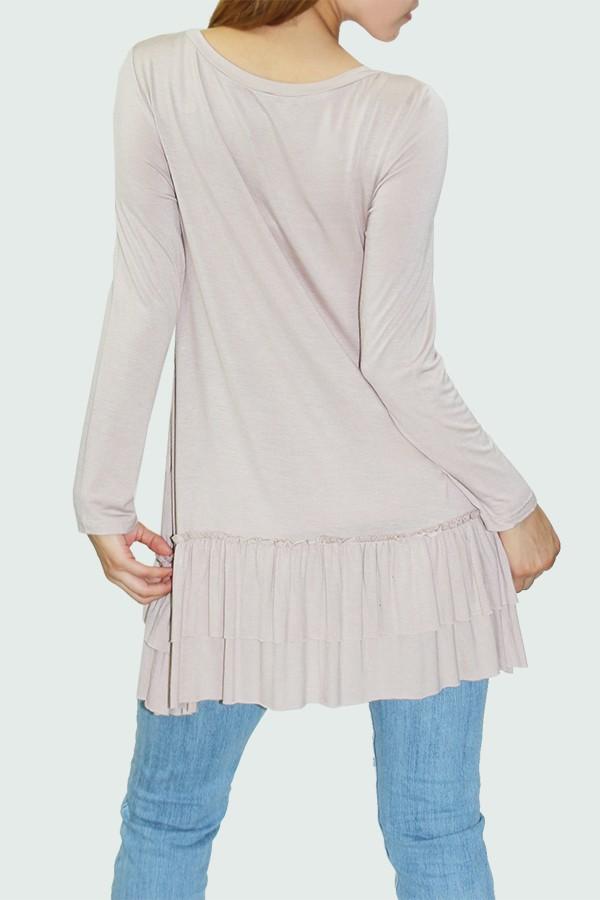 Long Sleeve Pleated Bottom Tunic - Beige - My She Shop