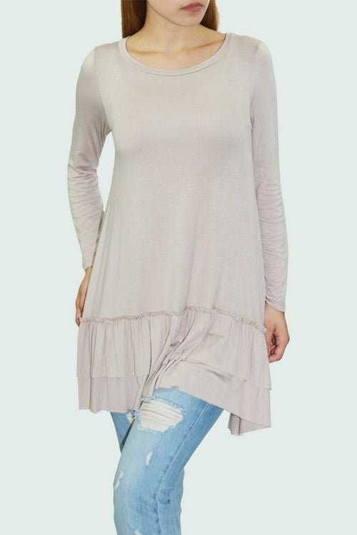 Long Sleeve Pleated Bottom Tunic - Beige - My She Shop