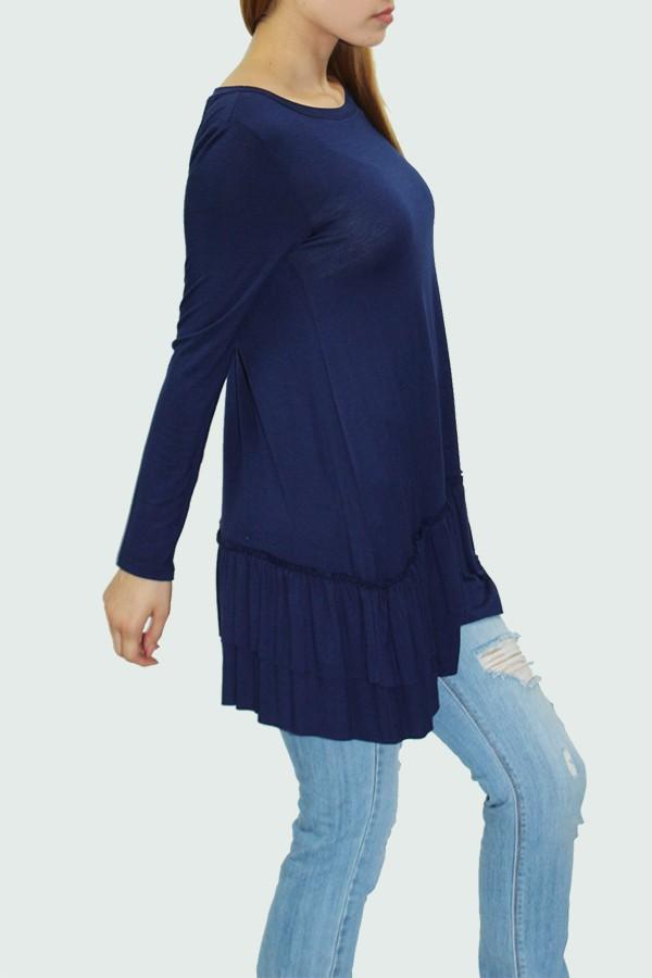 Long Sleeve Pleated Bottom Tunic - Navy - My She Shop