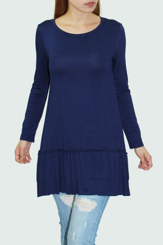 Long Sleeve Pleated Bottom Tunic - Navy - My She Shop