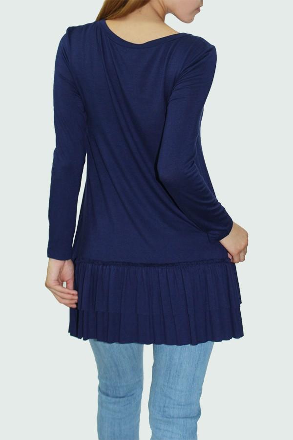 Long Sleeve Pleated Bottom Tunic - Navy - My She Shop