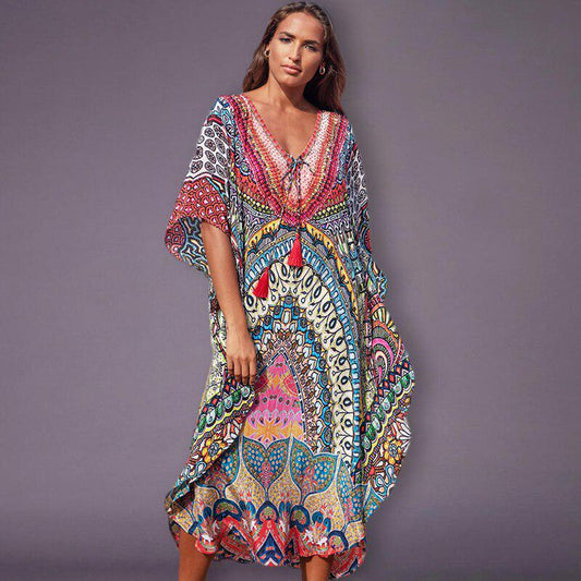 LORYLEI Lovely Bohemian Style Cotton Rayon Blend Print Befree Beach Cruise Dress - My She Shop