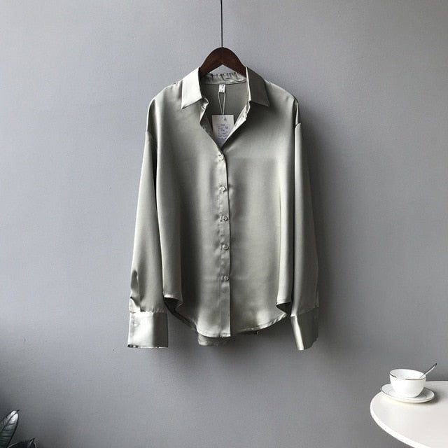 Lovely and Roomy Button Down Satin Poly Blend Blouse - My She Shop