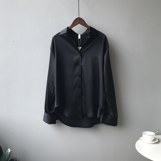 Lovely and Roomy Button Down Satin Poly Blend Blouse - My She Shop