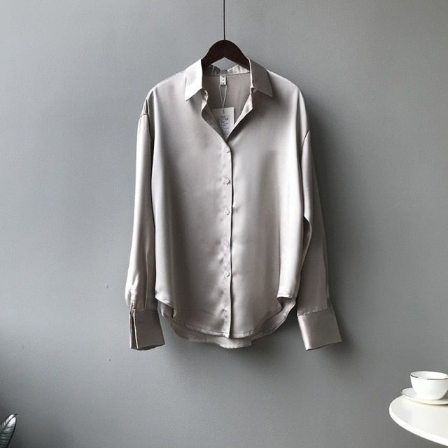 Lovely and Roomy Button Down Satin Poly Blend Blouse - My She Shop