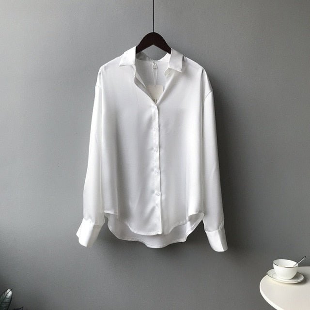 Lovely and Roomy Button Down Satin Poly Blend Blouse - My She Shop