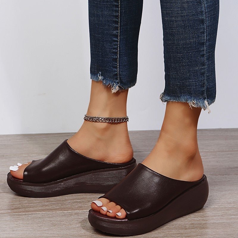 Lovely Leather Peep Toe Wedge Sandal Shoes - My She Shop