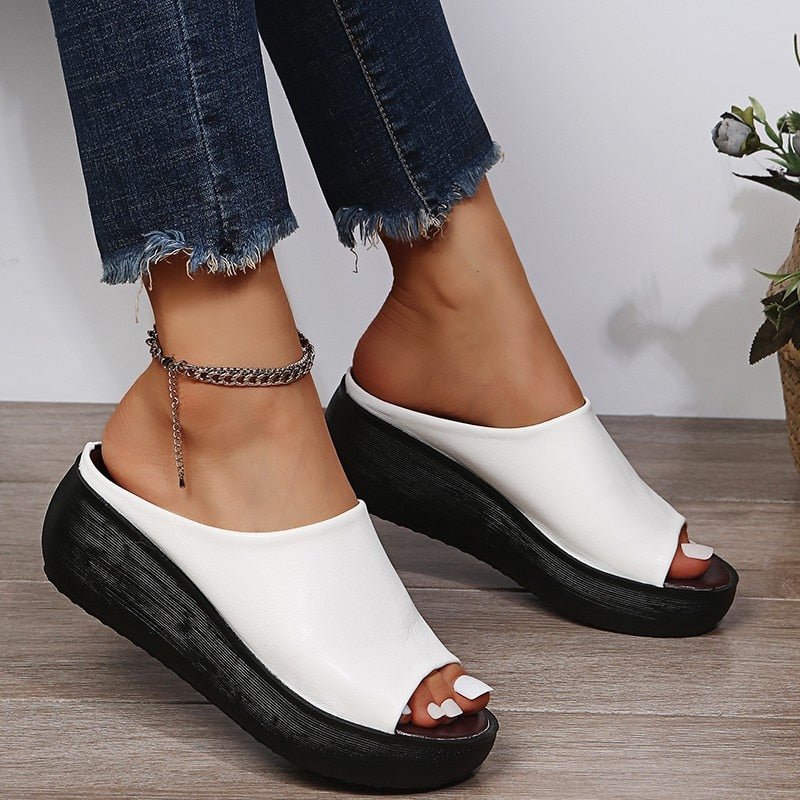 Lovely Leather Peep Toe Wedge Sandal Shoes - My She Shop