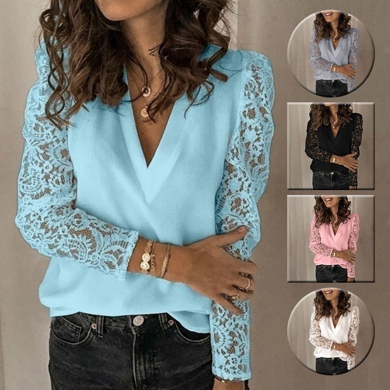 Lovely Loose Chiffon V-Neck Lace Sleeve Plus Size Shirt - My She Shop