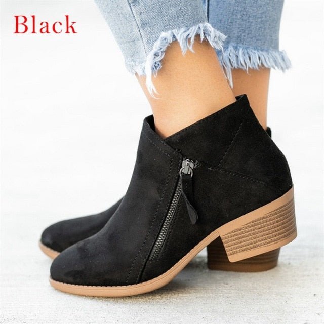 Lovely Low Square Heel Round Toe Ankle Zip Bonded Leather Insole Booty Shoes - My She Shop