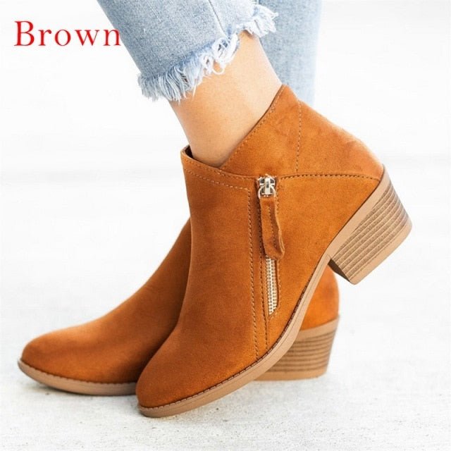 Lovely Low Square Heel Round Toe Ankle Zip Bonded Leather Insole Booty Shoes - My She Shop