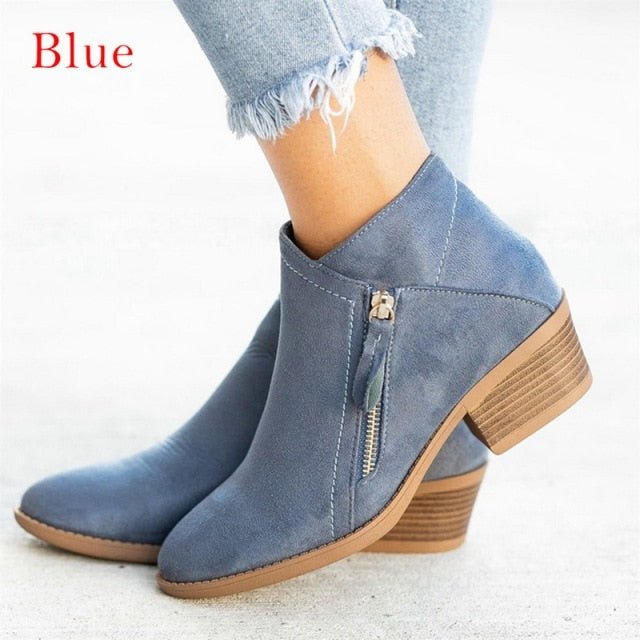 Lovely Low Square Heel Round Toe Ankle Zip Bonded Leather Insole Booty Shoes - My She Shop