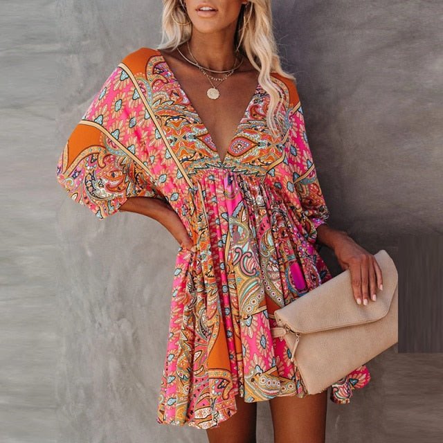 MAFIRRY Marvelous Bohemian Style Print Flare Sleeve Mini Dress - My She Shop