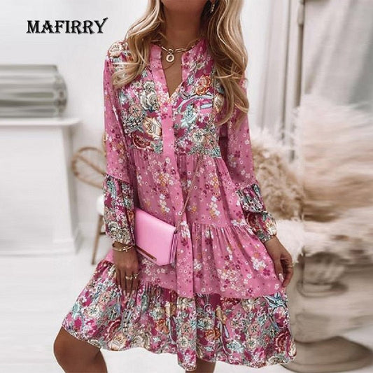 MAFIRRY Marvelous Bohemian Style Print Flare Sleeve Mini Dress - My She Shop