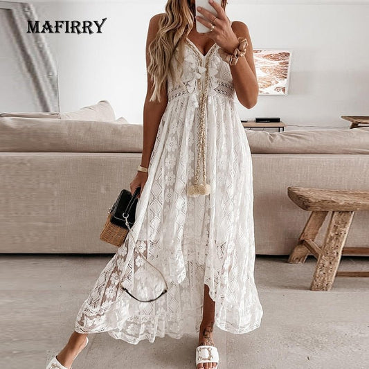 MAFIRRY Masterful Sleeveless Spaghetti Strap Lace Long Length or Mini Dress - My She Shop