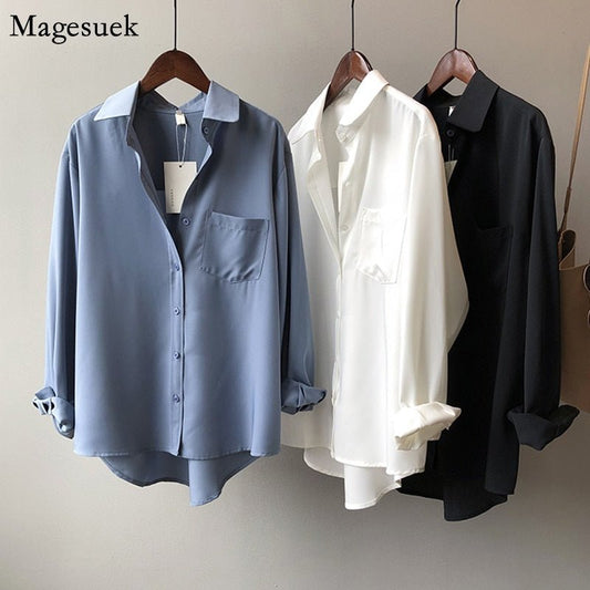 MAGESUEK Classy Collared Button Down Loose Chiffon Top - My She Shop