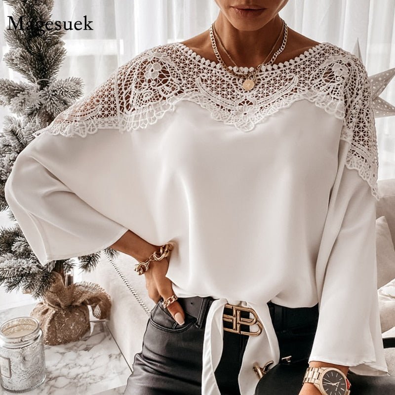 MAGESUEK Crochet Lace with Tie Front Pullover Top - My She Shop