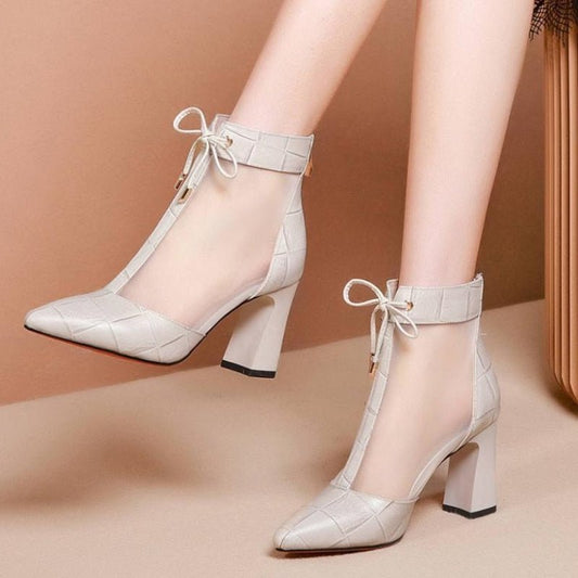 Magically Mesh Thick Square Heel Pointed Toe Zipper Back Short Booty Shoes - My She Shop