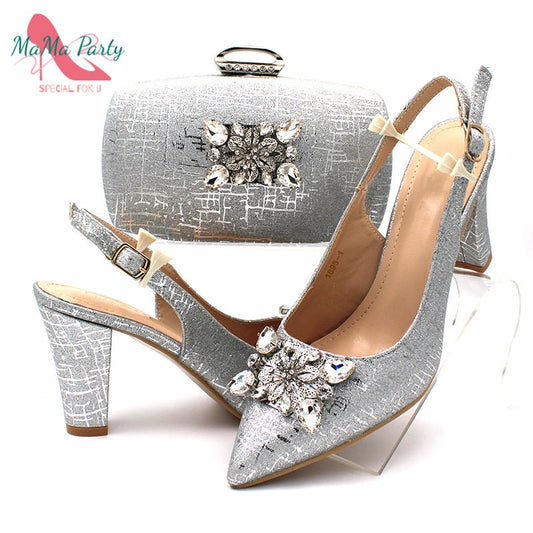 MAMA PARTY Crystal Slingback Pointed Toe Thick Heel Shoes with Matching Bag - My She Shop