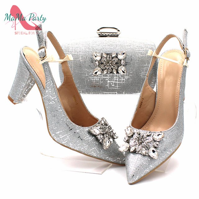 MAMA PARTY Crystal Slingback Pointed Toe Thick Heel Shoes with Matching Bag - My She Shop