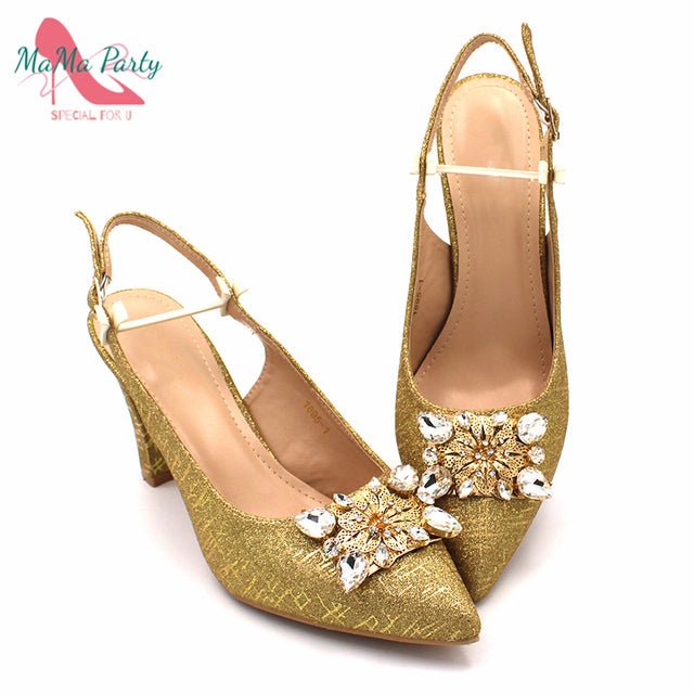 MAMA PARTY Crystal Slingback Pointed Toe Thick Heel Shoes with Matching Bag - My She Shop