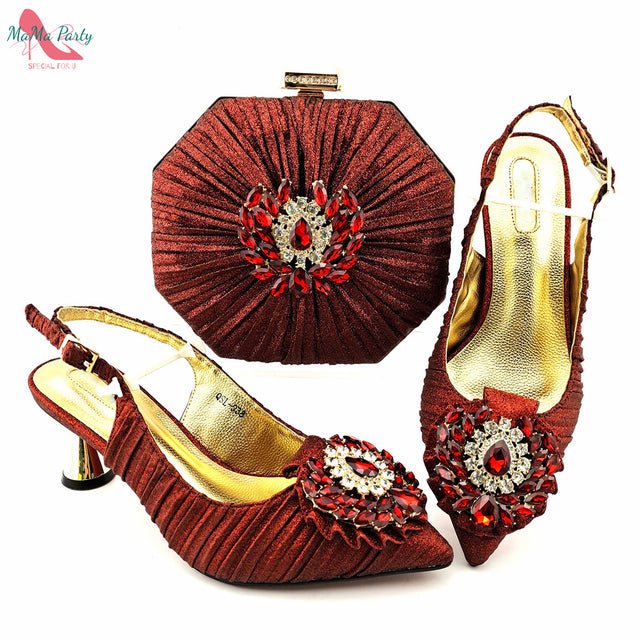 MAMA PARTY Italian Design Crystal Pointed Toe Slingback High Heel Shoes with Matching Bag - My She Shop