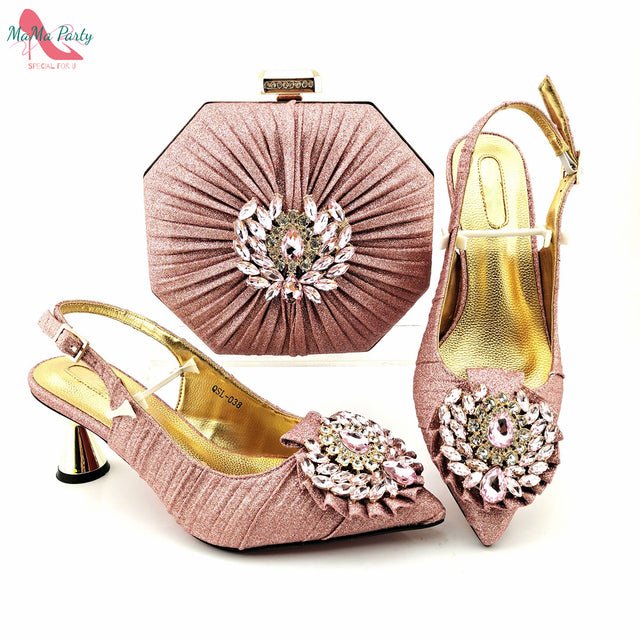 MAMA PARTY Italian Design Crystal Pointed Toe Slingback High Heel Shoes with Matching Bag - My She Shop