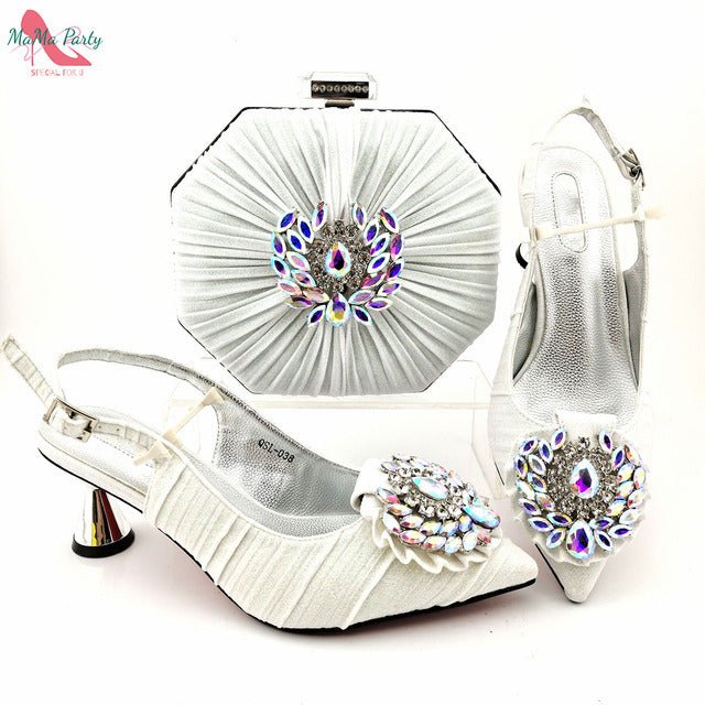 MAMA PARTY Italian Design Crystal Pointed Toe Slingback High Heel Shoes with Matching Bag - My She Shop