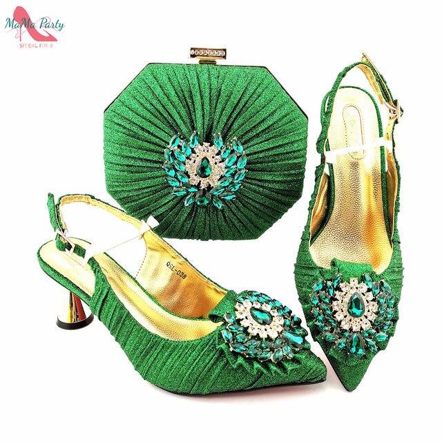 MAMA PARTY Italian Design Crystal Pointed Toe Slingback High Heel Shoes with Matching Bag - My She Shop