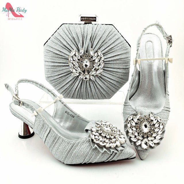 MAMA PARTY Italian Design Crystal Pointed Toe Slingback High Heel Shoes with Matching Bag - My She Shop