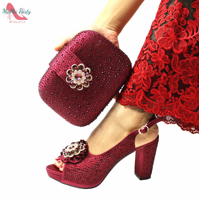 MAMA PARTY Peep Toe Slingback Platform Floral Design Bling Shoes with Matching Bag - My She Shop