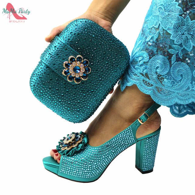 MAMA PARTY Peep Toe Slingback Platform Floral Design Bling Shoes with Matching Bag - My She Shop