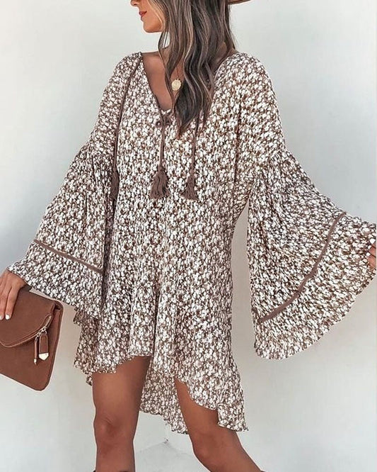 MANDYLANDY Amazing V-Neck Bell Sleeve Tassel Swing Befree Dress - My She Shop