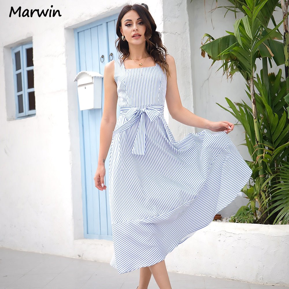 MARWIN Striped Belted High-Waist Midi Dress - My She Shop