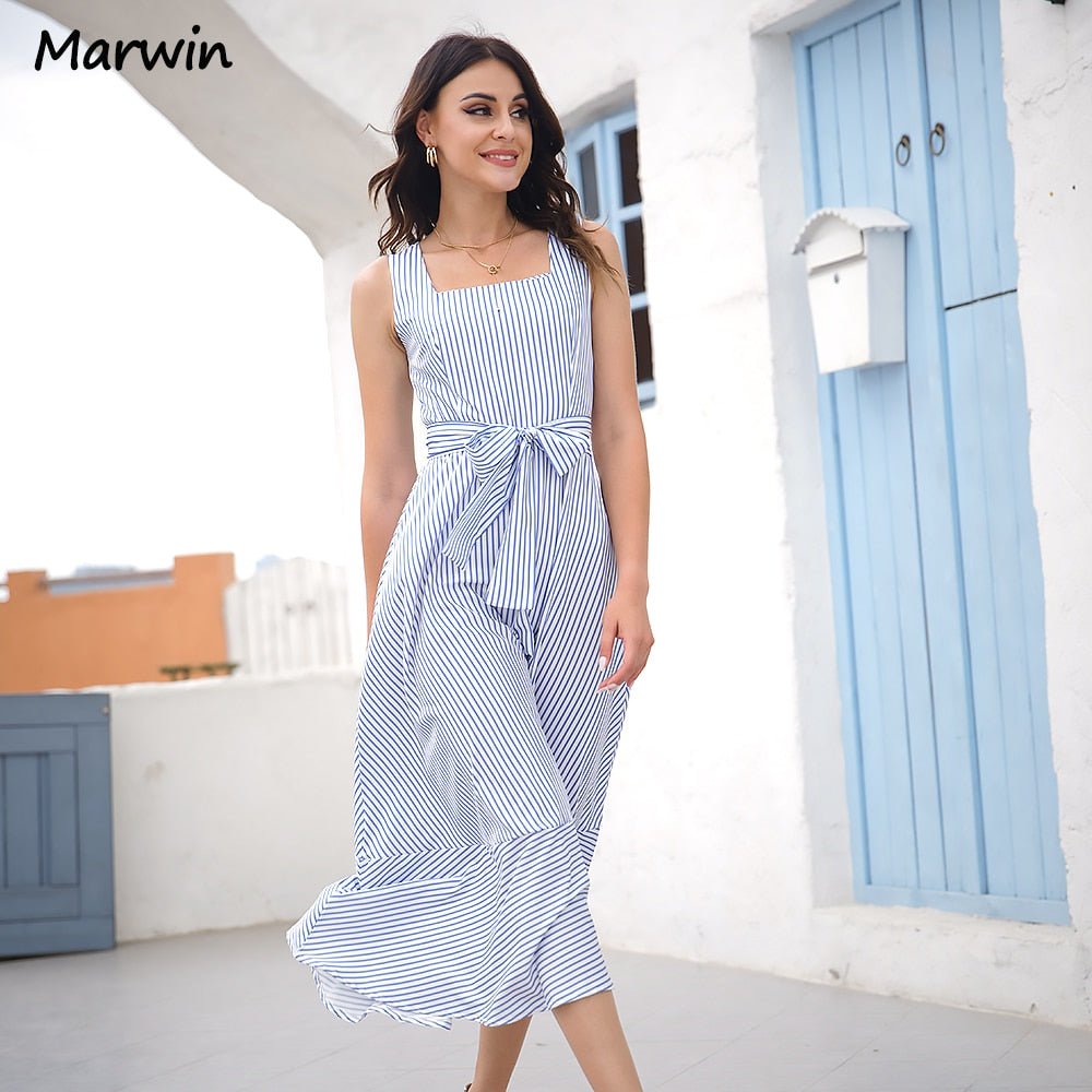 MARWIN Striped Belted High-Waist Midi Dress - My She Shop