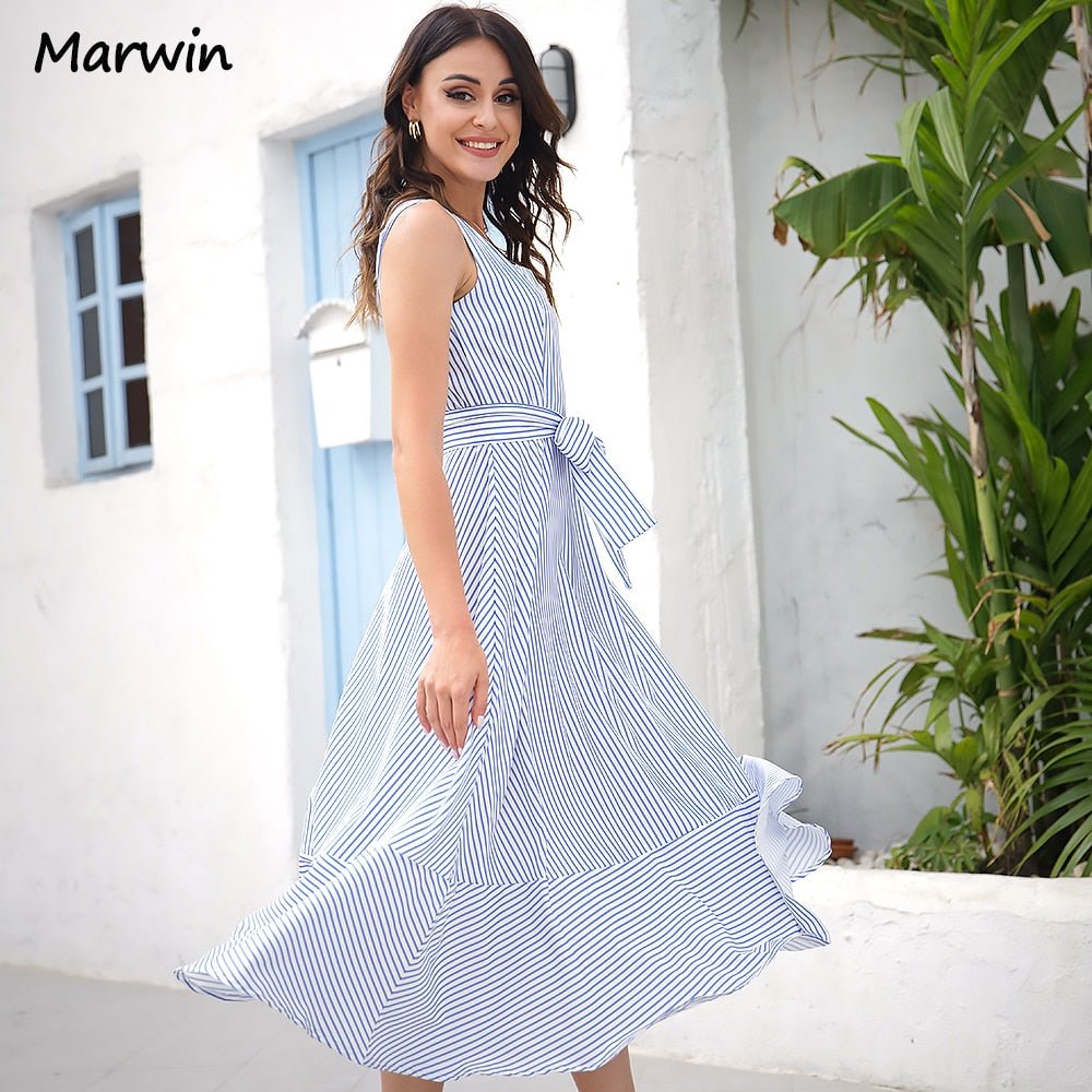 MARWIN Striped Belted High-Waist Midi Dress - My She Shop