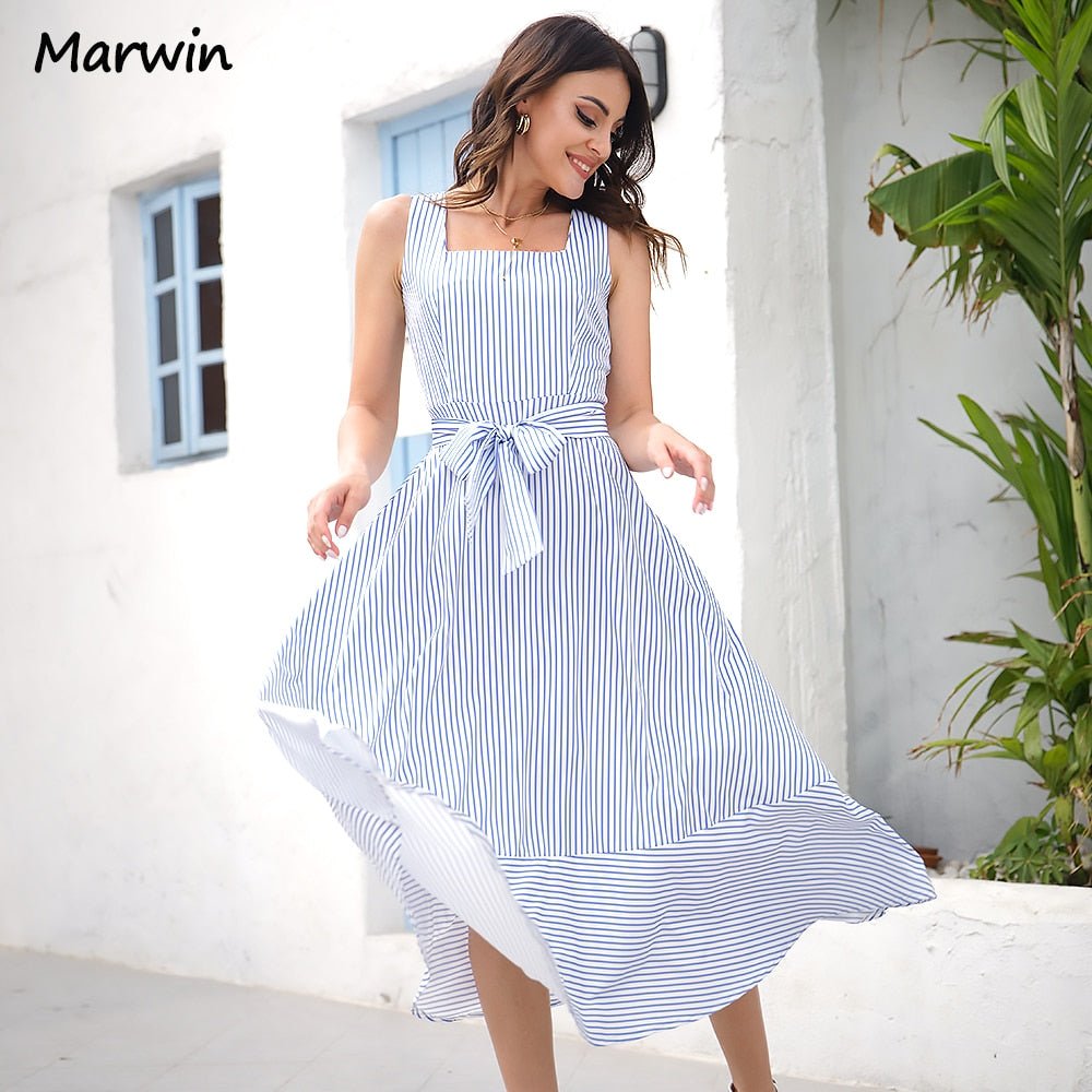 MARWIN Striped Belted High-Waist Midi Dress - My She Shop