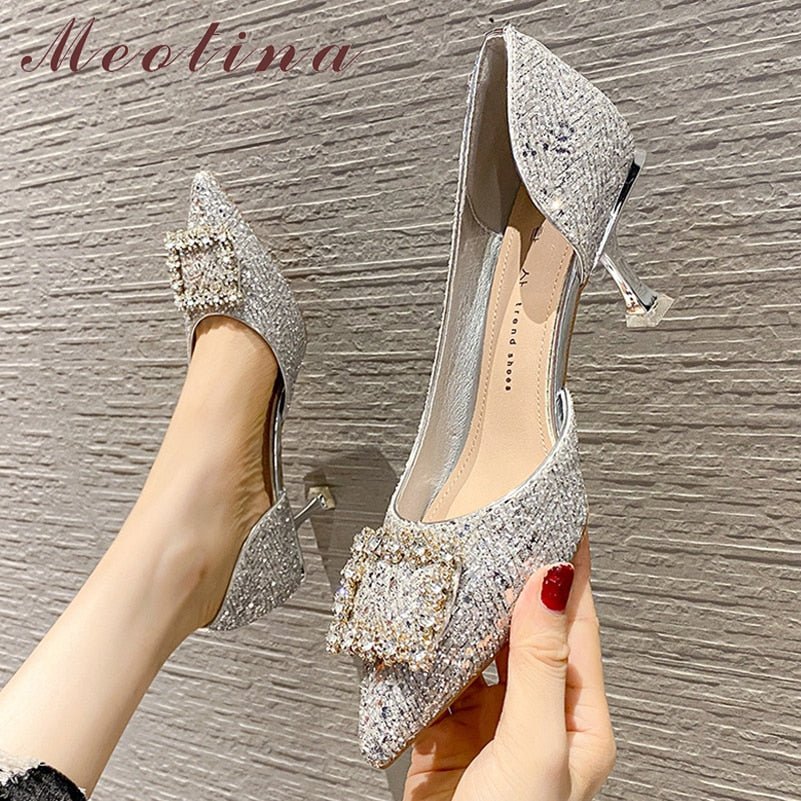 MEOTINA Peppy Crystal Bling Pointed Toe Thin High Heel Shoes - My She Shop