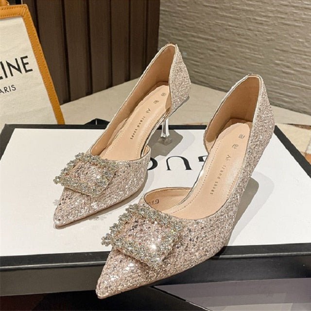 MEOTINA Peppy Crystal Bling Pointed Toe Thin High Heel Shoes - My She Shop