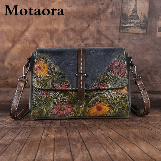 MOTAORA Embossed Vintage Leather Flap Messenger Style Shoulder Handbag - My She Shop