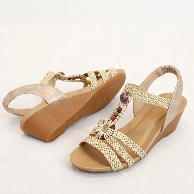 MVVJKE Braided Beaded Elastic Ankle Strap Wedge Sandal Shoes - My She Shop