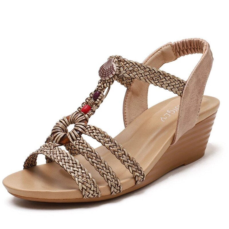 MVVJKE Braided Beaded Elastic Ankle Strap Wedge Sandal Shoes - My She Shop